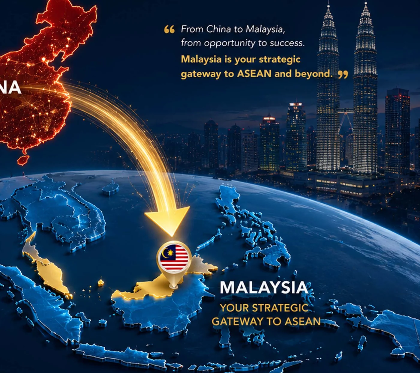 Map showing the route from global markets to Malaysia and onward to 680 million ASEAN consumers