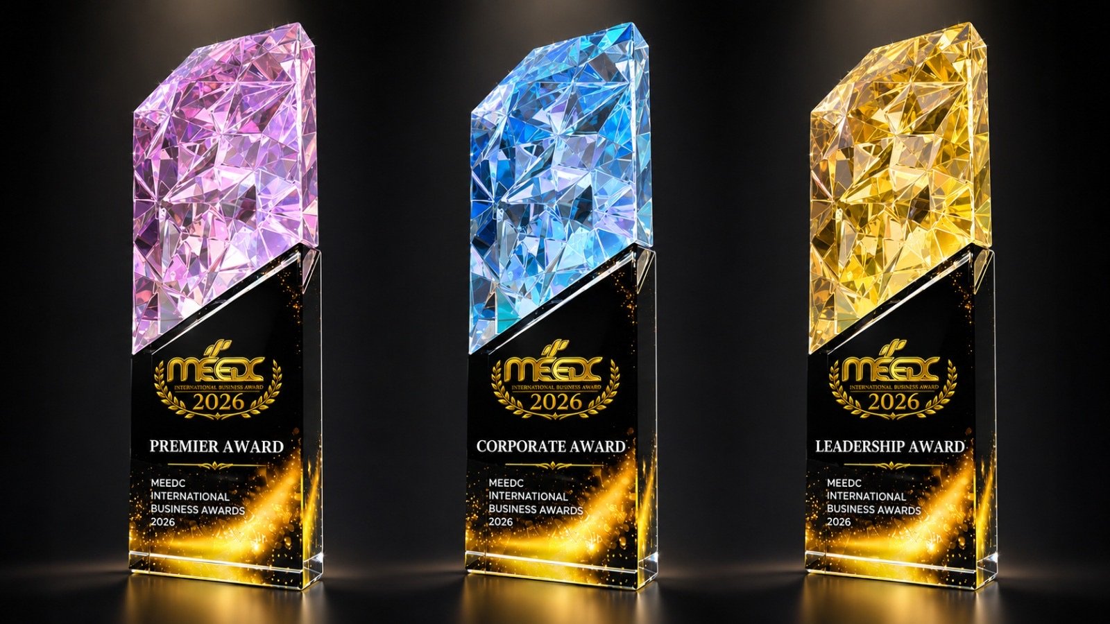 The three MEEDC International Business Award 2026 crystal trophies: Premier Award, Corporate Award and Leadership Award