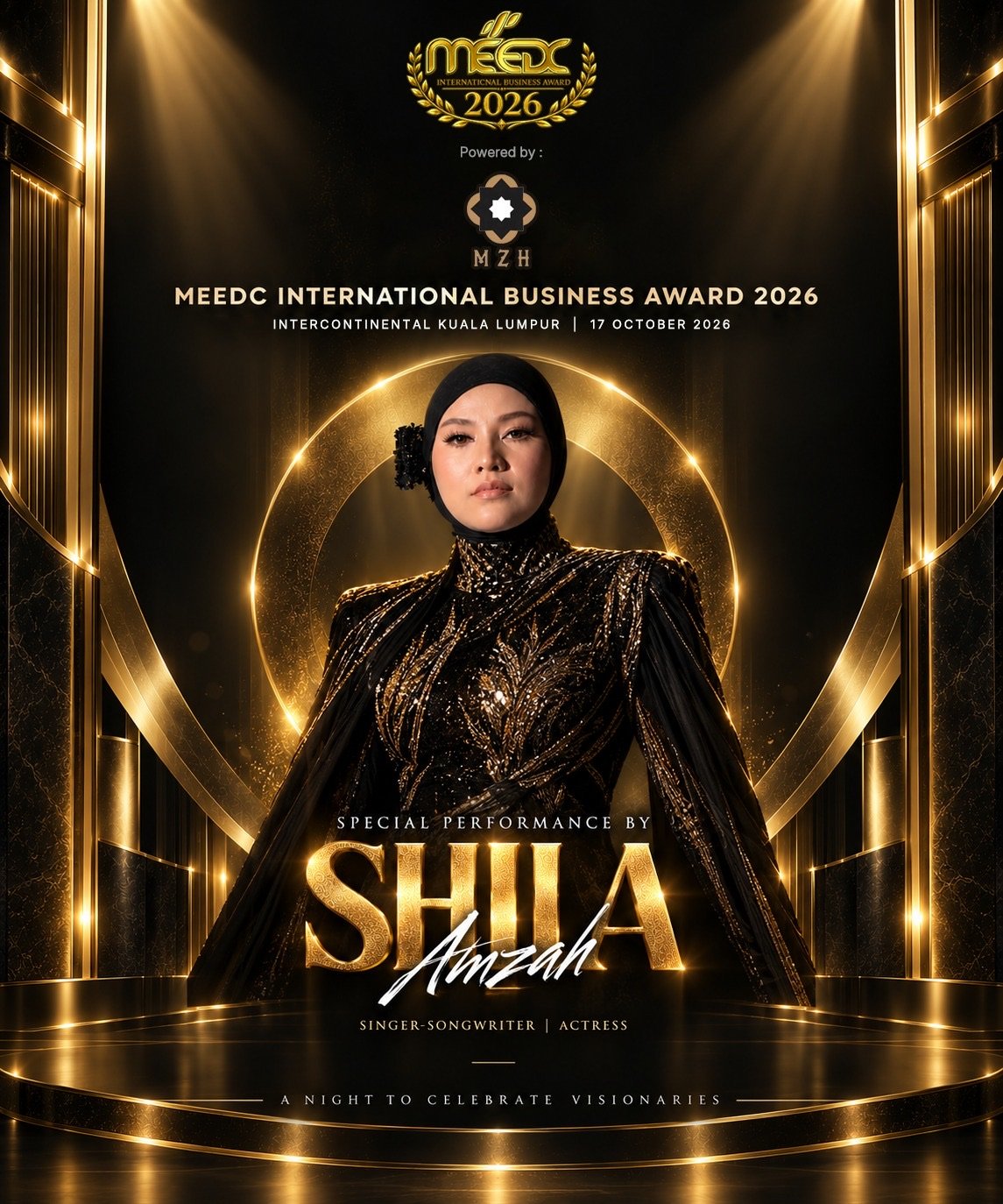 Poster announcing a special performance by Shila Amzah at the MEEDC International Business Award 2026, InterContinental Kuala Lumpur, 17 October 2026